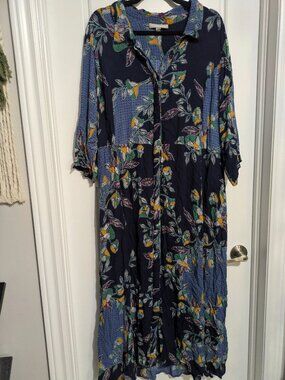 Woman Within Maxi Full Button Up 3/4 Sleeve Blue Floral Plus Sized Dress (26W)